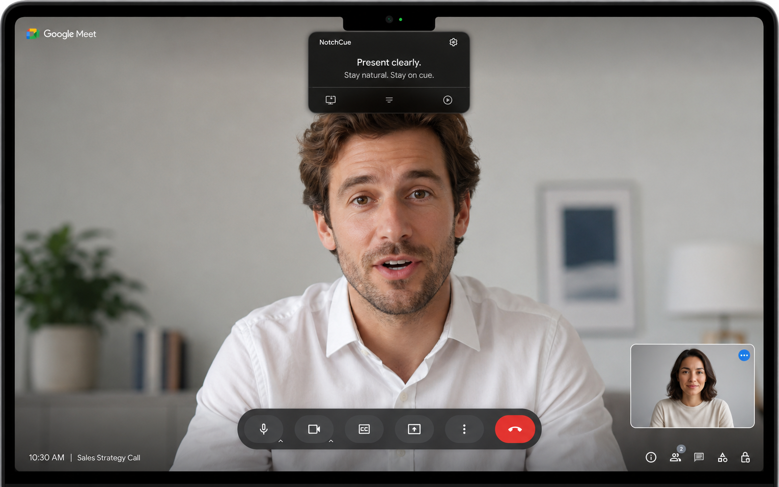 NotchCue teleprompter in the MacBook notch area during a video call